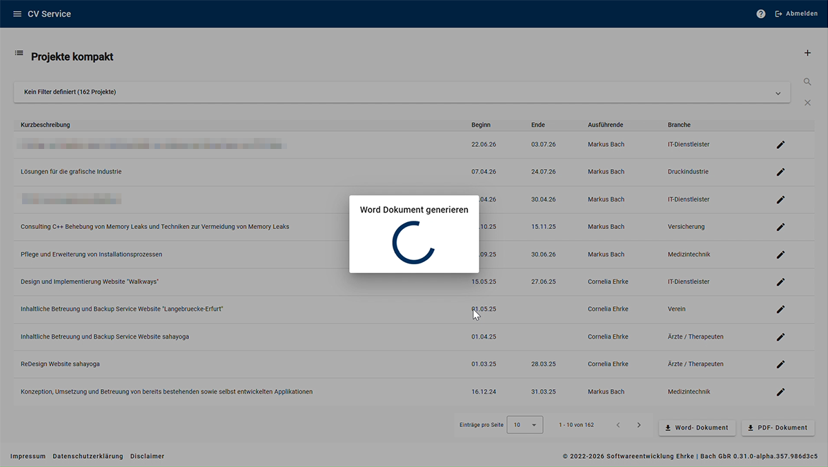 CV Service - Ansicht Projektliste mit Funktion Generierung Worddokument