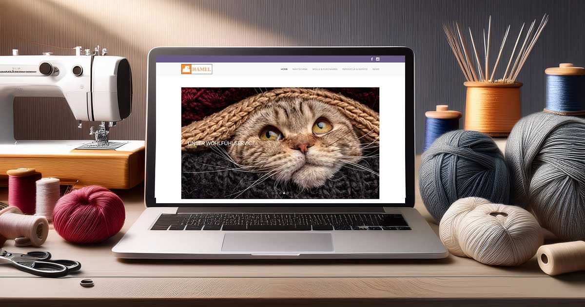 Aufgeklappter Bildschirm mit Ansicht Website Hamel-Nähmaschinen - um den Bildschirm Nähmaschine, Wolle und Kurzwaren