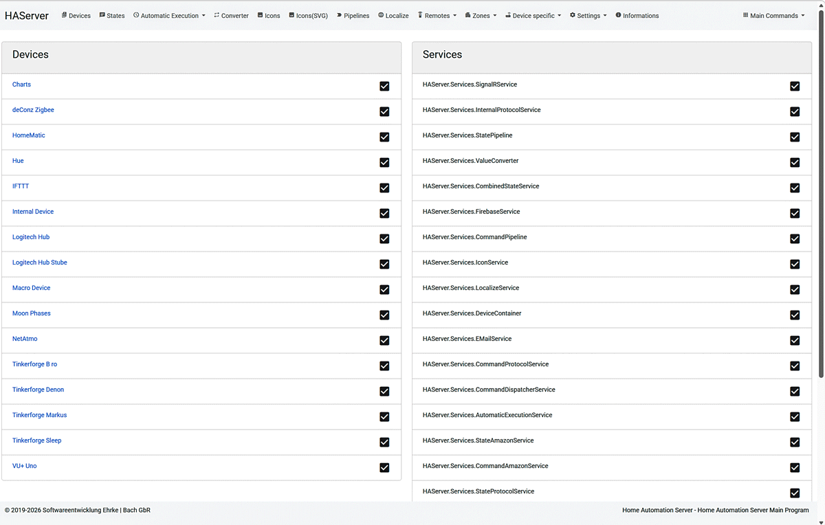 Home Automation Dashboard - Uebersicht laufender Geraete und Dienste