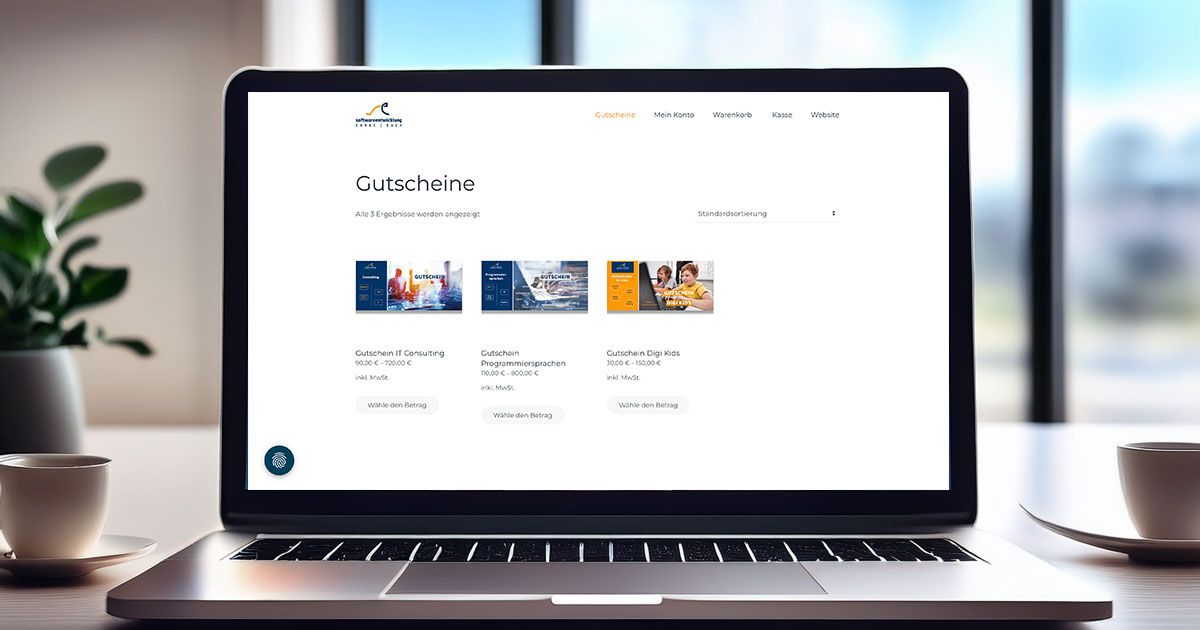 Aufgeklappter Laptop-Bildschirm mit Ansicht Online Shop Ehrke-Bach GbR - im Hintergrund verschwommen Darstellung vom Office